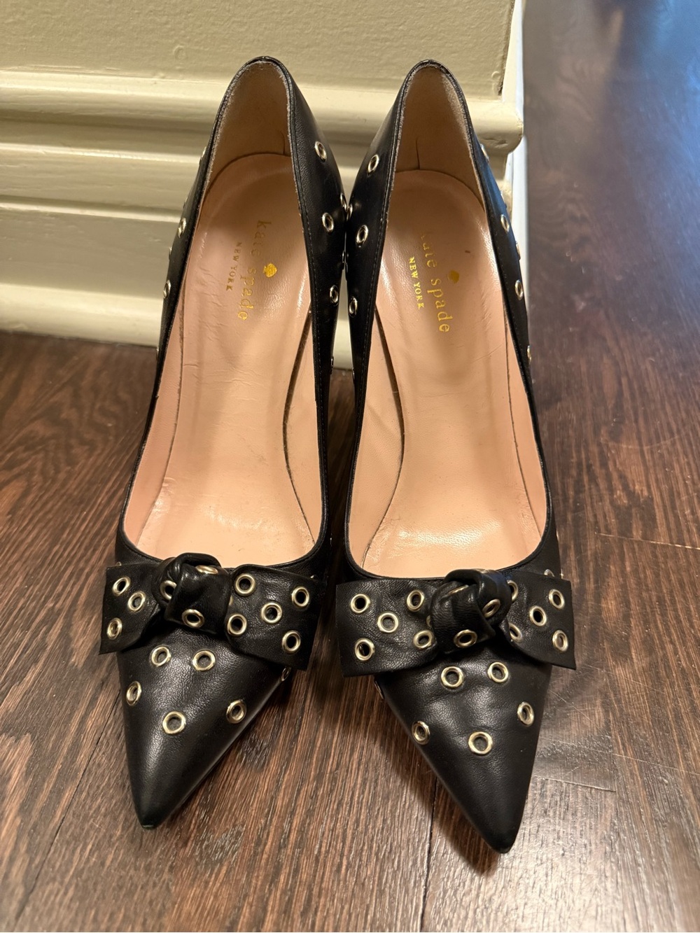 kate spade Black Grommet Bow Pointed-Toe Pumps